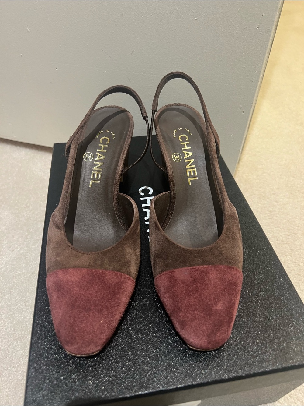 CHANEL Brown and Burgundy Suede Slingback Heels